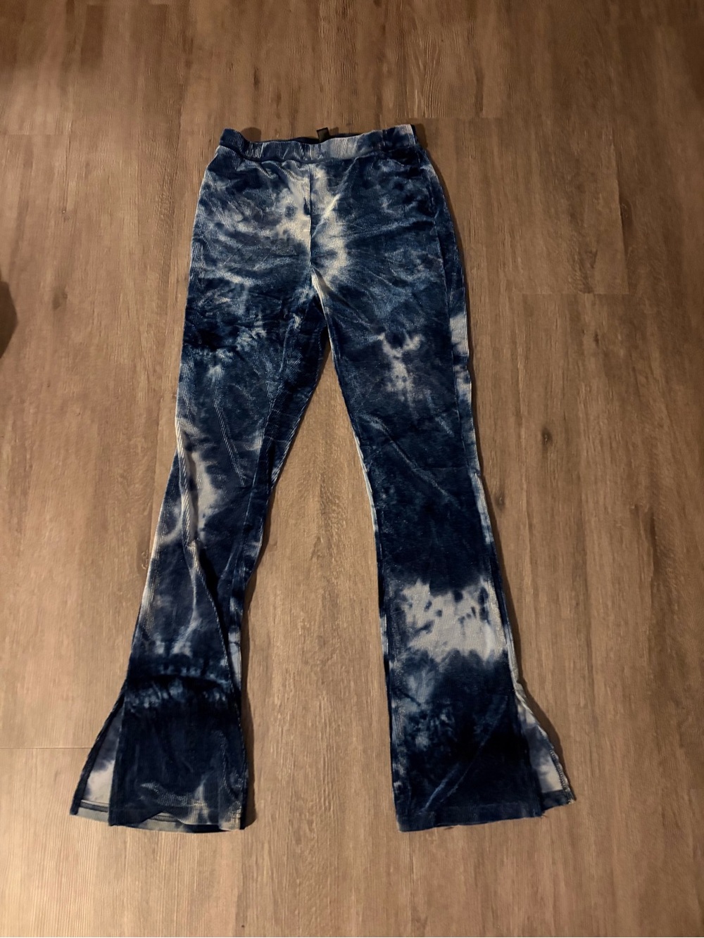 SHEIN Navy & White Tie-Dye Velvet Flare Pants